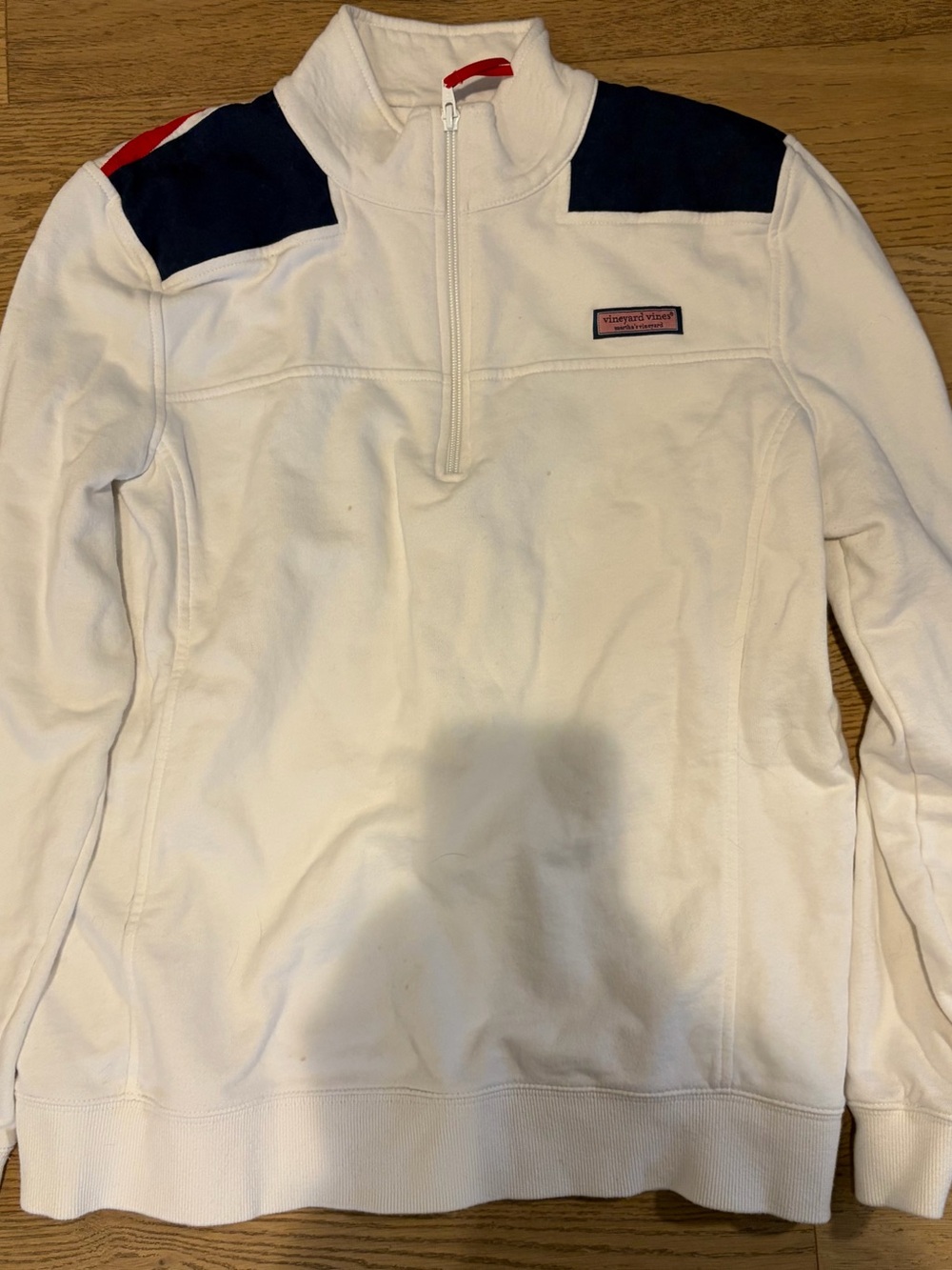 Vineyard Vines White Quarter-Zip Pullover with Navy Shoulders and Red Trim